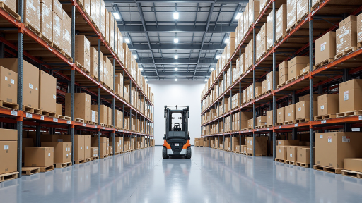 仓储物流中心，整齐货架和叉车作业，展示供应链管理能力，现代化仓库环境